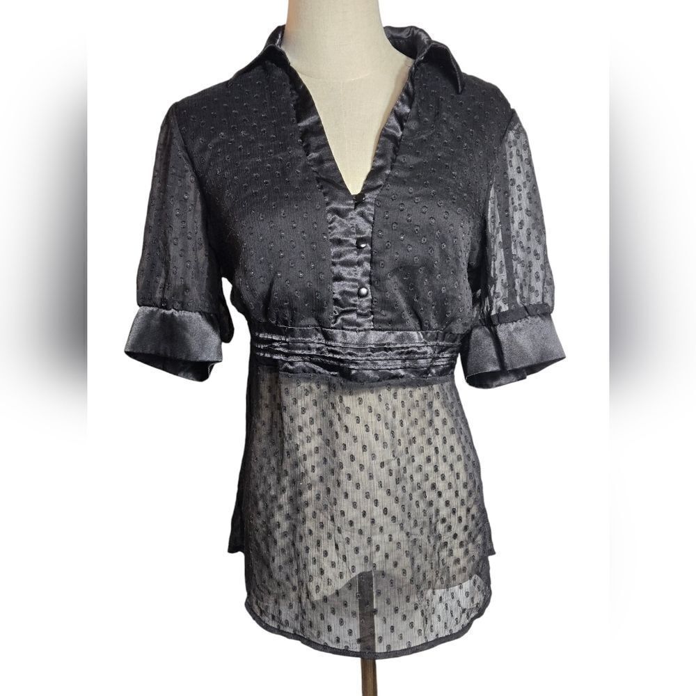 Studio 1940 Vintage Black Satin and Sheer Tie Back Top